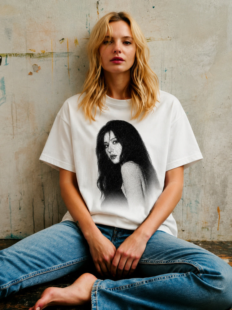 JIAFEI Dotted Gradient Portrait Graphic Oversized T-Shirt