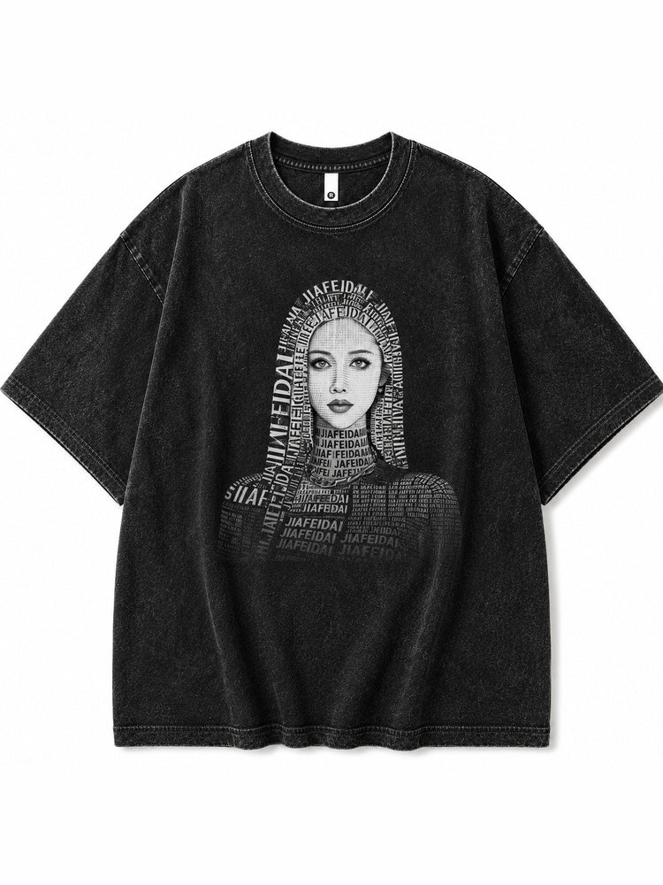 JIAFEI Text-Formed Portrait Graphic Oversized T-Shirt