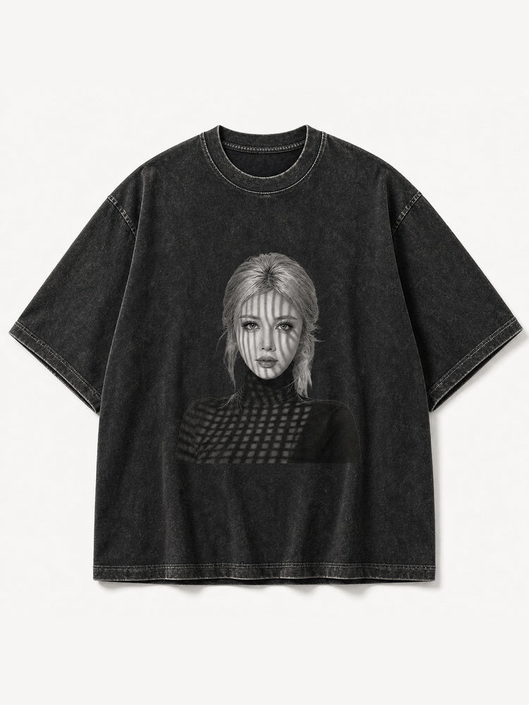 JIAFEI Shadowed Woman Portrait Graphic Oversized T-Shirt
