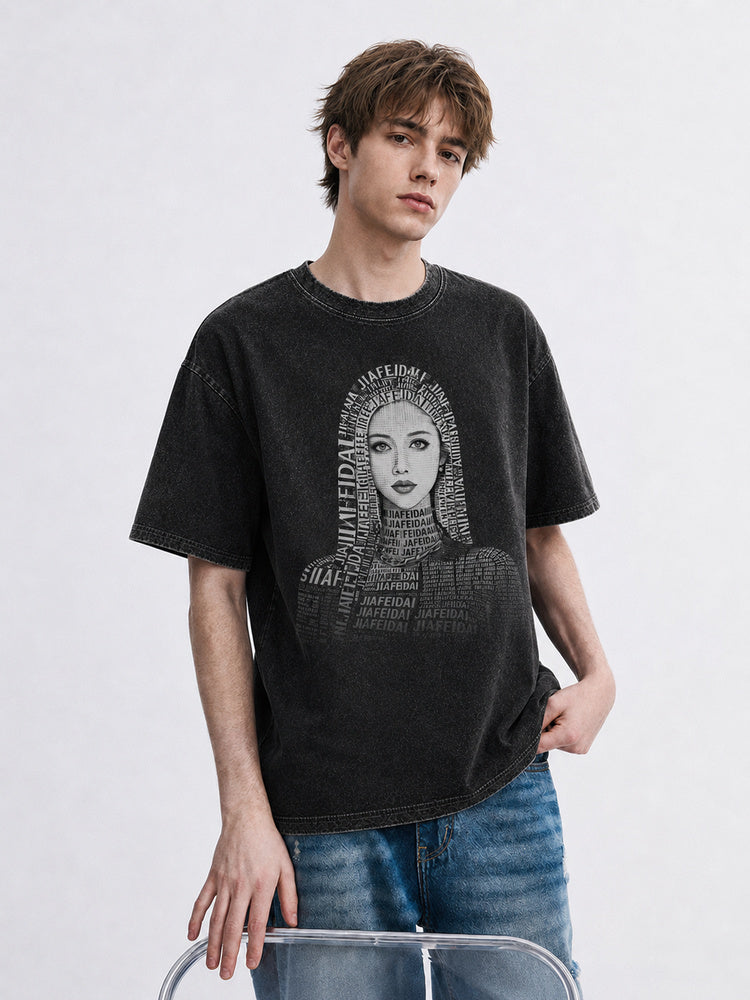 JIAFEI Text-Formed Portrait Graphic Oversized T-Shirt
