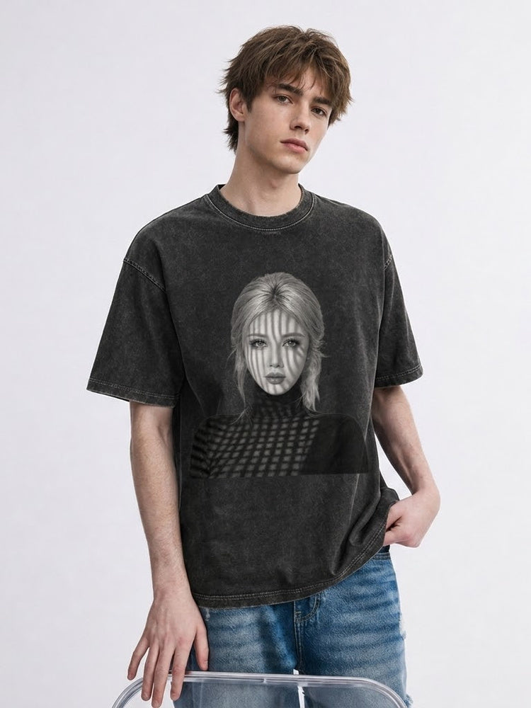 JIAFEI Shadowed Woman Portrait Graphic Oversized T-Shirt