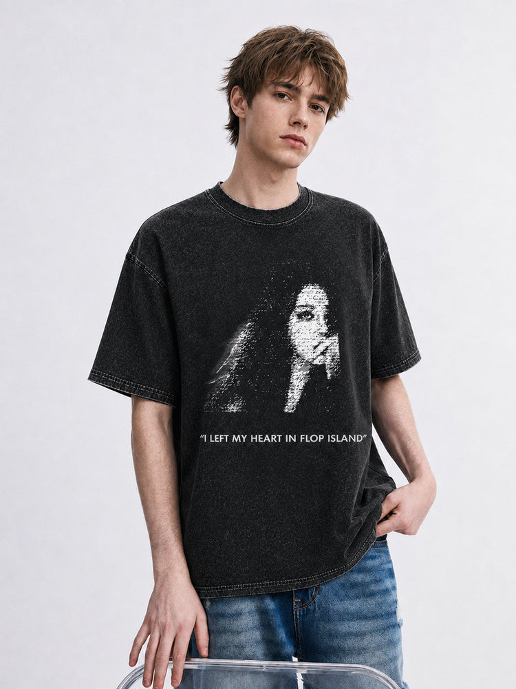 JIAFEI “I Left My Heart In Flop Island” Portrait Graphic Oversized T-Shirt