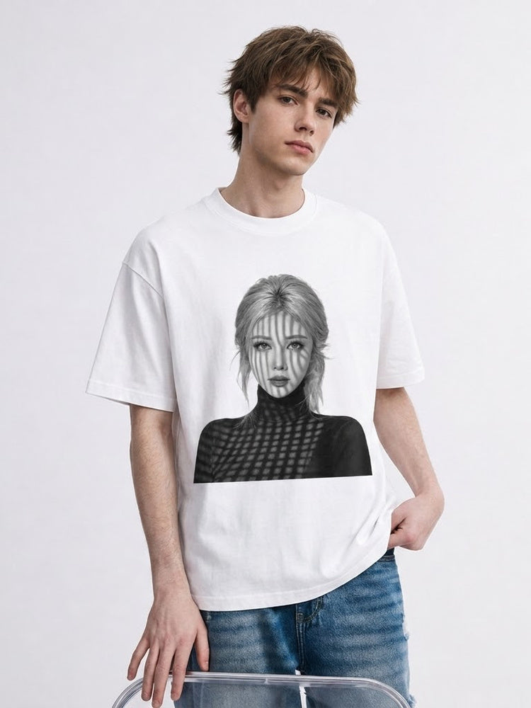 JIAFEI Shadowed Woman Portrait Graphic Oversized T-Shirt