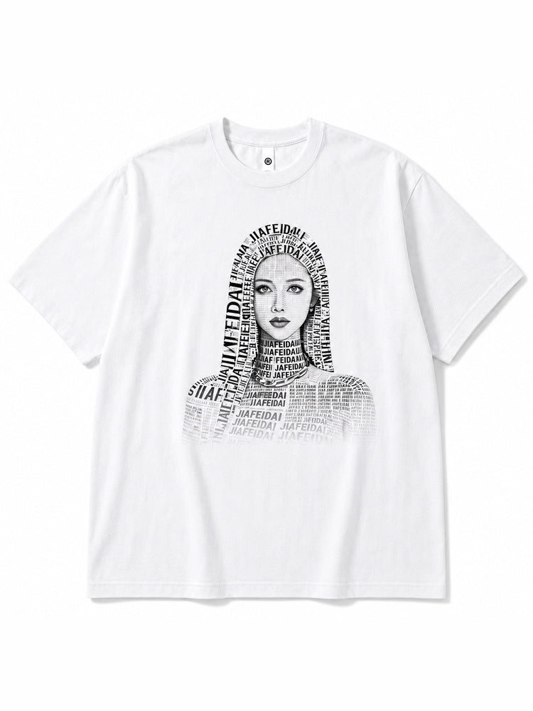 JIAFEI Text-Formed Portrait Graphic Oversized T-Shirt