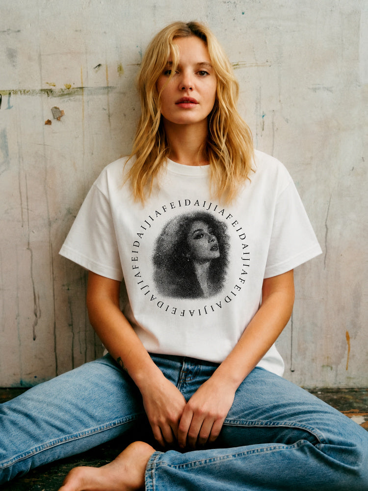 JIAFEI Dotted Portrait & Circular Text Graphic Oversized T-Shirt
