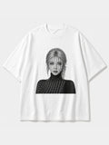JIAFEI Shadowed Woman Portrait Graphic Oversized T-Shirt