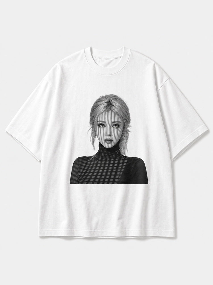 JIAFEI Shadowed Woman Portrait Graphic Oversized T-Shirt