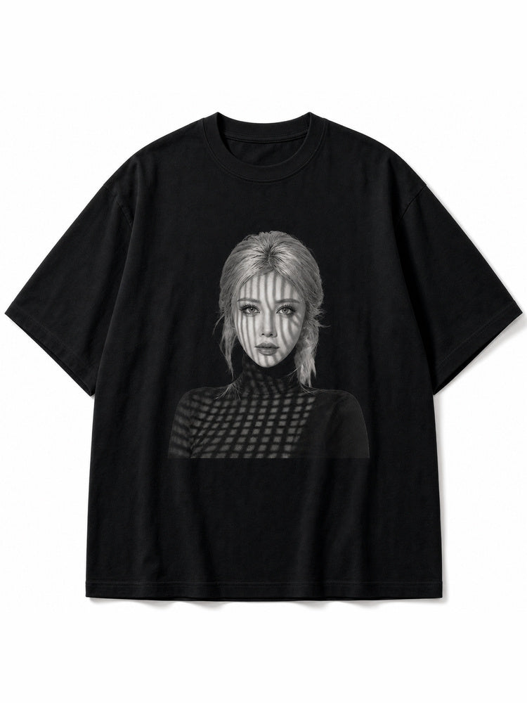 JIAFEI Shadowed Woman Portrait Graphic Oversized T-Shirt