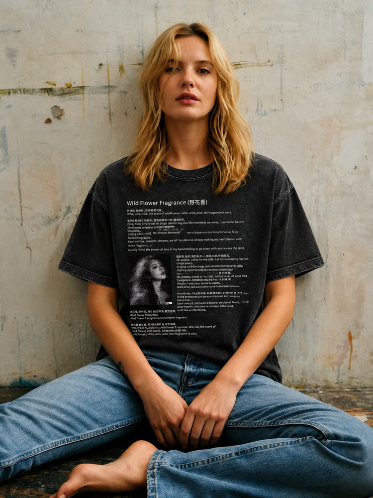 JIAFEI Wild Flower Fragrance Text & Portrait Graphic Oversized T-Shirt