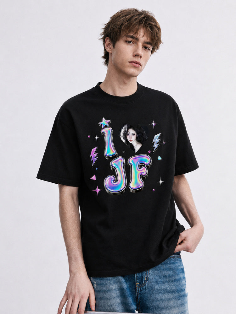 "I Love JF" Holographic Graphic Oversized T-Shirt