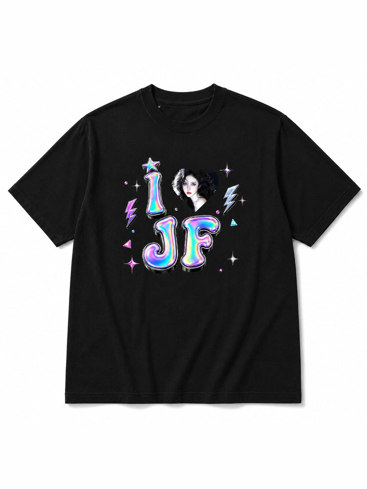 "I Love JF" Holographic Graphic Oversized T-Shirt