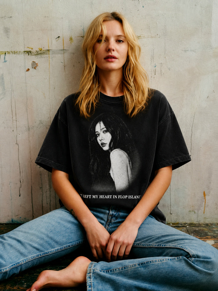 JIAFEI I Left My Heart In Flop Island Portrait Graphic Oversized T-Shirt