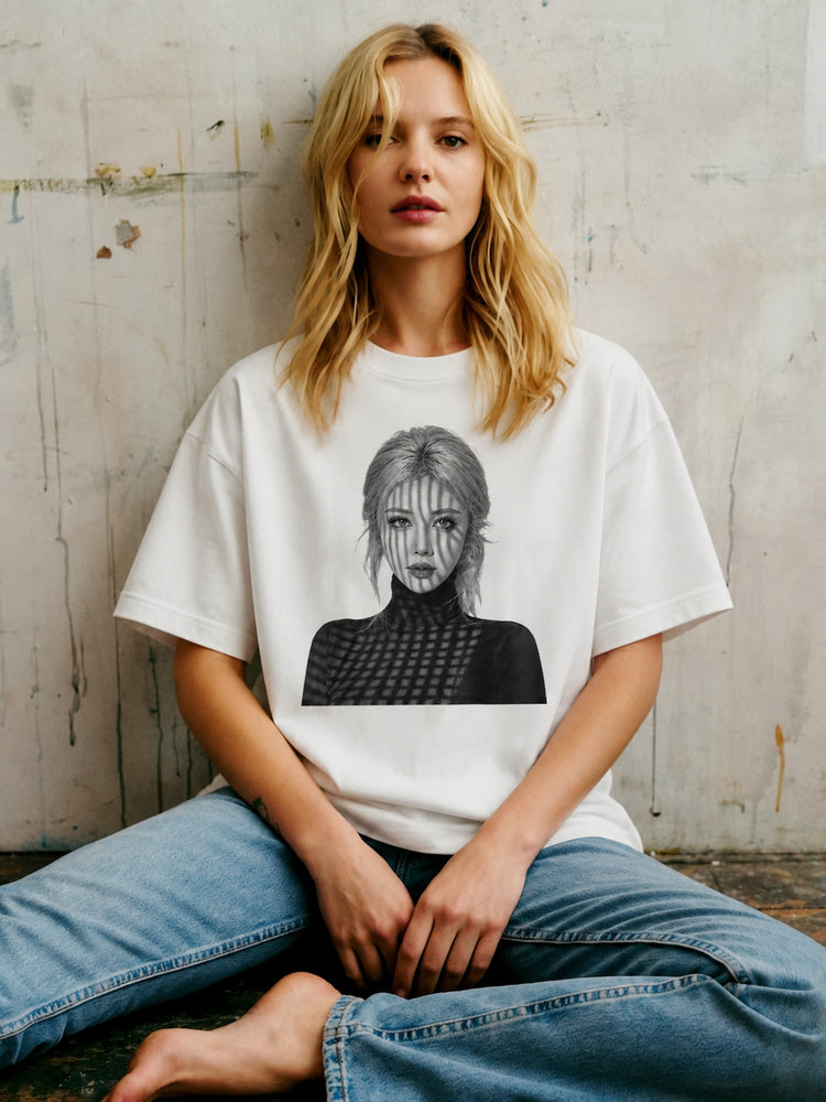 JIAFEI Shadowed Woman Portrait Graphic Oversized T-Shirt