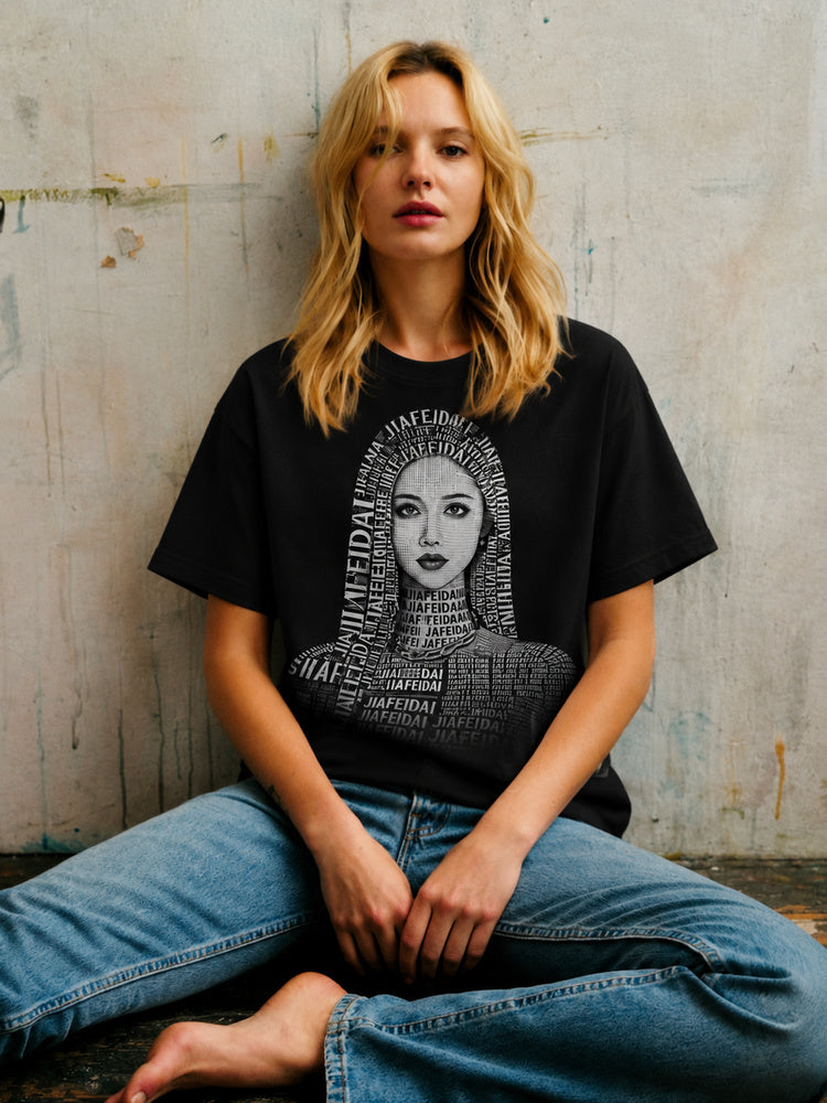 JIAFEI Text-Formed Portrait Graphic Oversized T-Shirt