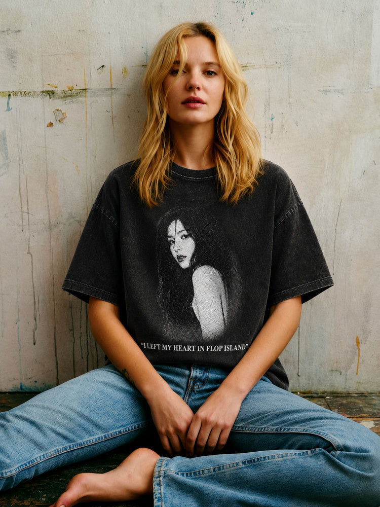 JIAFEI I Left My Heart In Flop Island Portrait Graphic Oversized T-Shirt