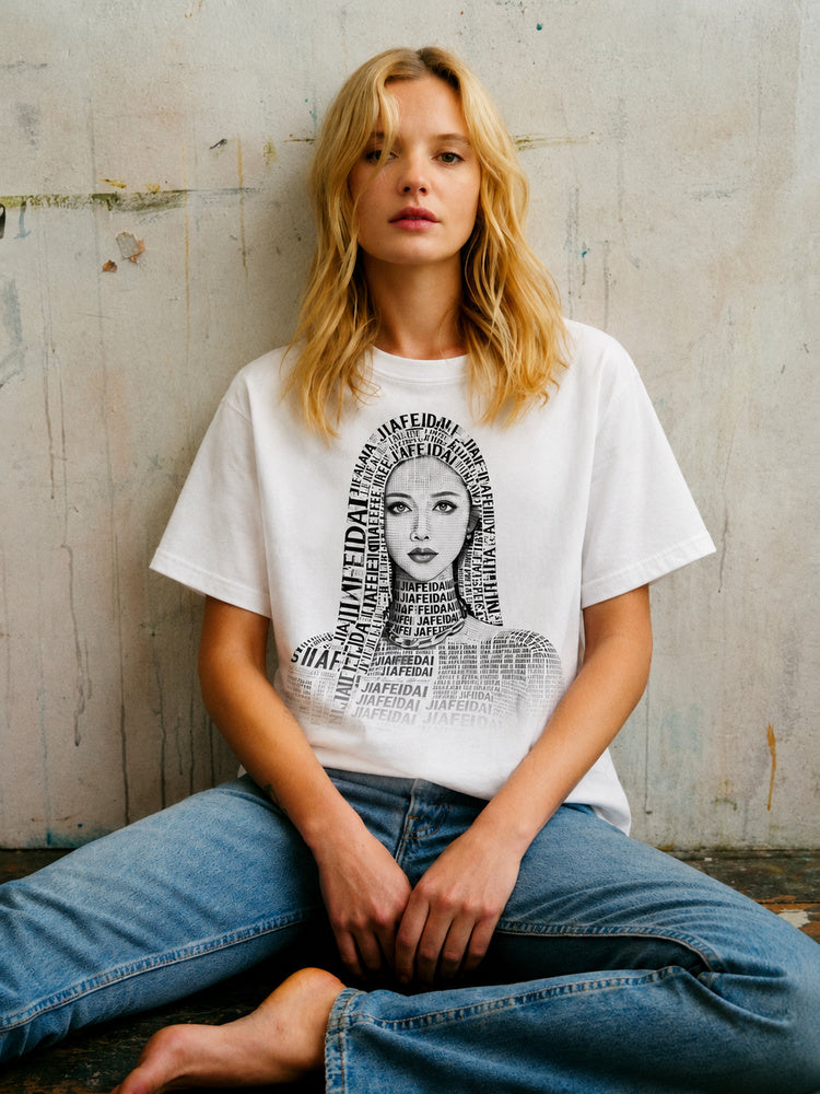 JIAFEI Text-Formed Portrait Graphic Oversized T-Shirt