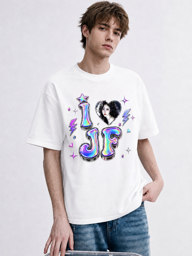 "I Love JF" Holographic Graphic Oversized T-Shirt