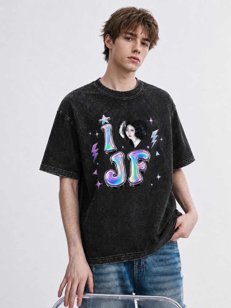 "I Love JF" Holographic Graphic Oversized T-Shirt