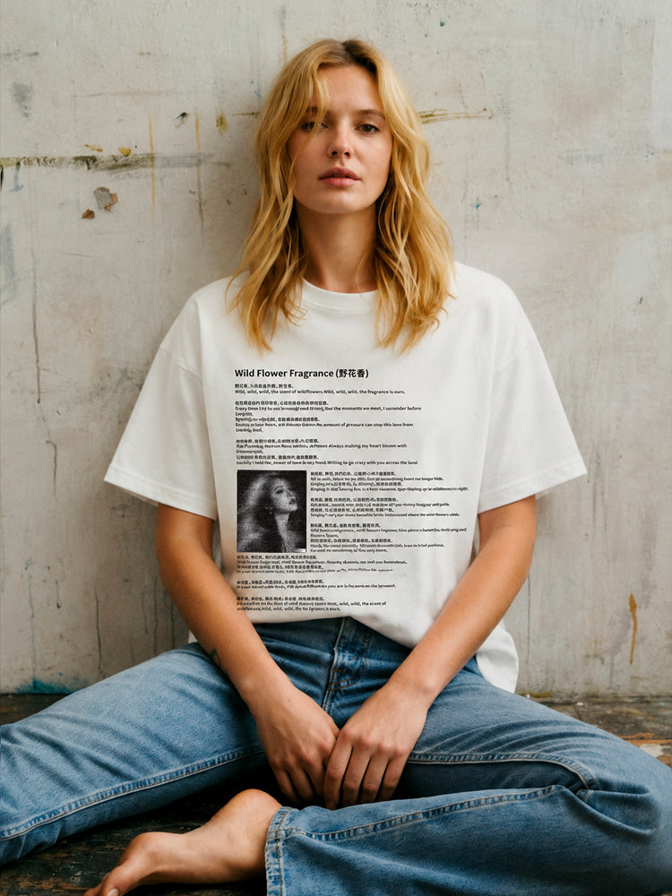JIAFEI Wild Flower Fragrance Text & Portrait Graphic Oversized T-Shirt