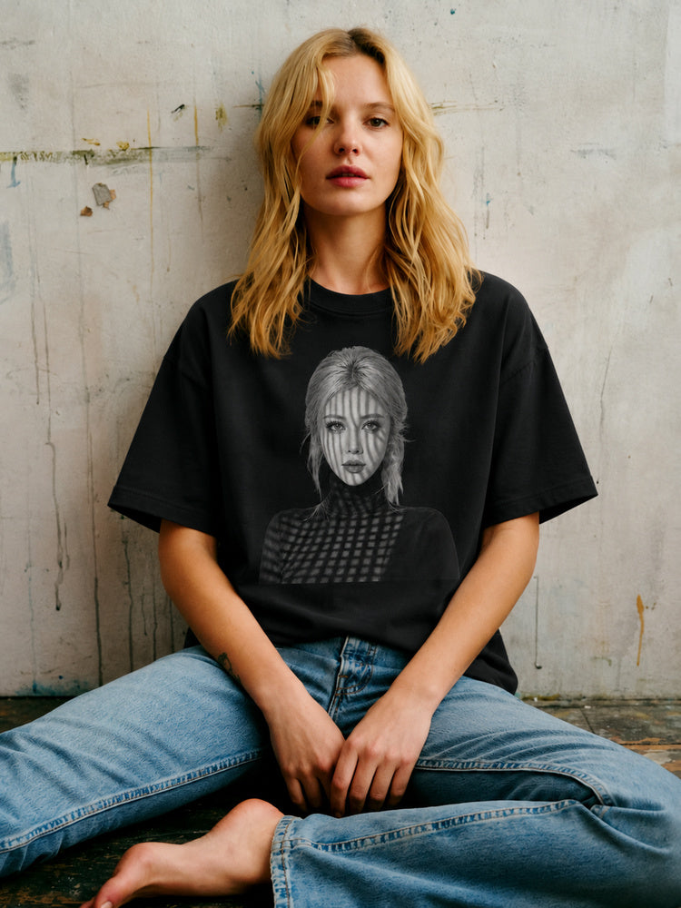 JIAFEI Shadowed Woman Portrait Graphic Oversized T-Shirt