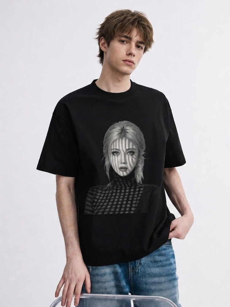 JIAFEI Shadowed Woman Portrait Graphic Oversized T-Shirt