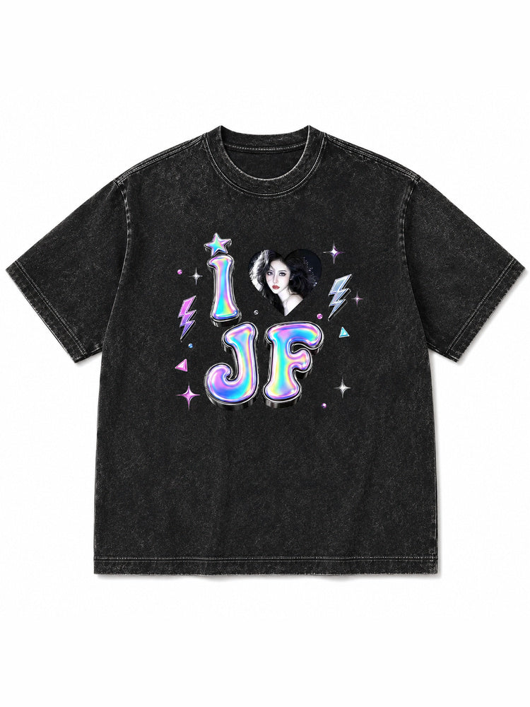 "I Love JF" Holographic Graphic Oversized T-Shirt