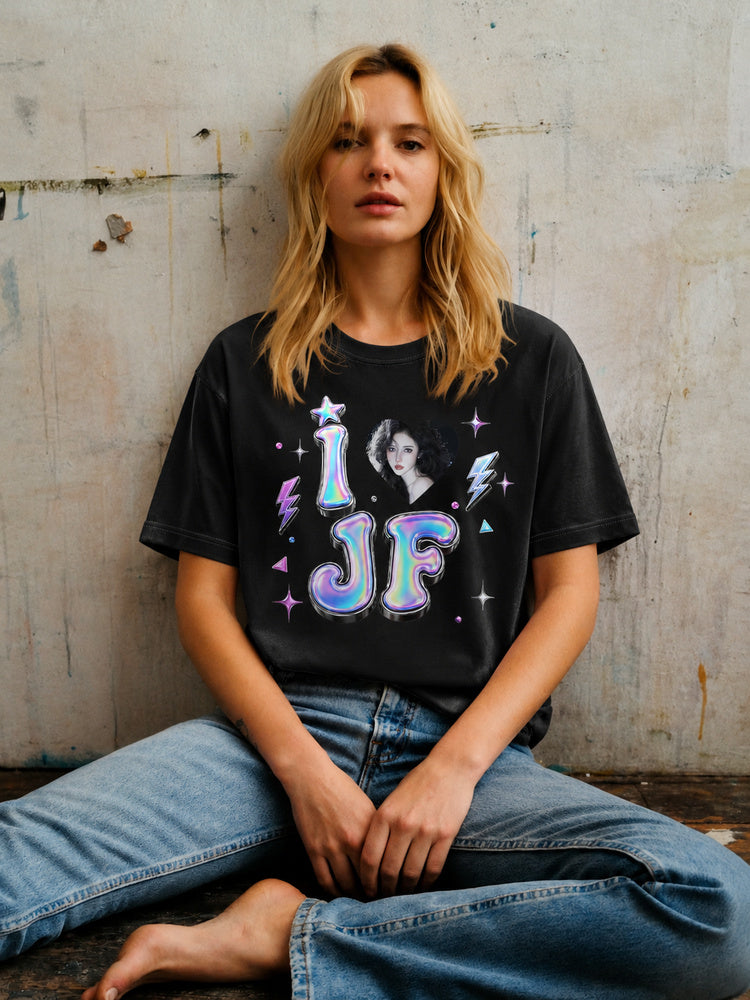 "I Love JF" Holographic Graphic Oversized T-Shirt
