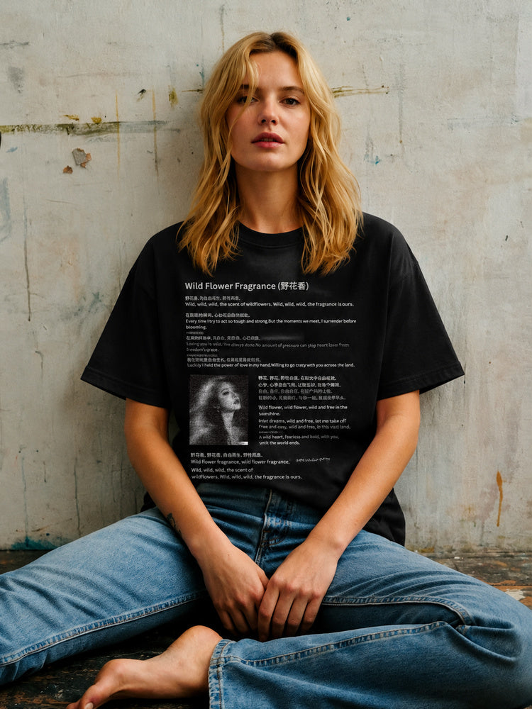 JIAFEI Wild Flower Fragrance Text & Portrait Graphic Oversized T-Shirt