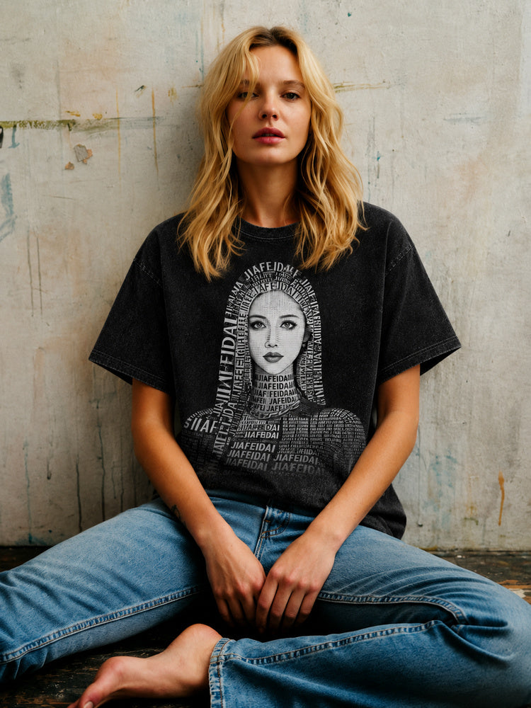 JIAFEI Text-Formed Portrait Graphic Oversized T-Shirt