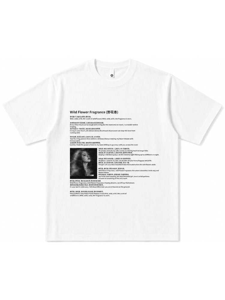 JIAFEI Wild Flower Fragrance Text & Portrait Graphic Oversized T-Shirt