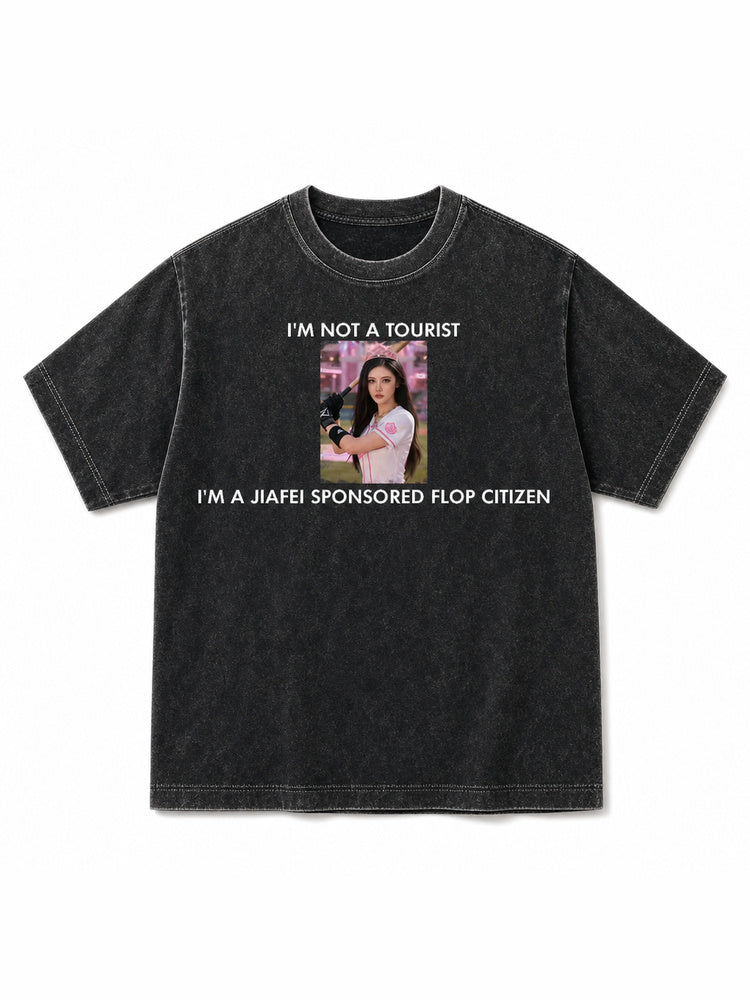 JIAFEI “I'M NOT A TOURIST, I'M A JIAFEI SPONSORED FLOP CITIZEN” Graphic Oversized T-Shirt