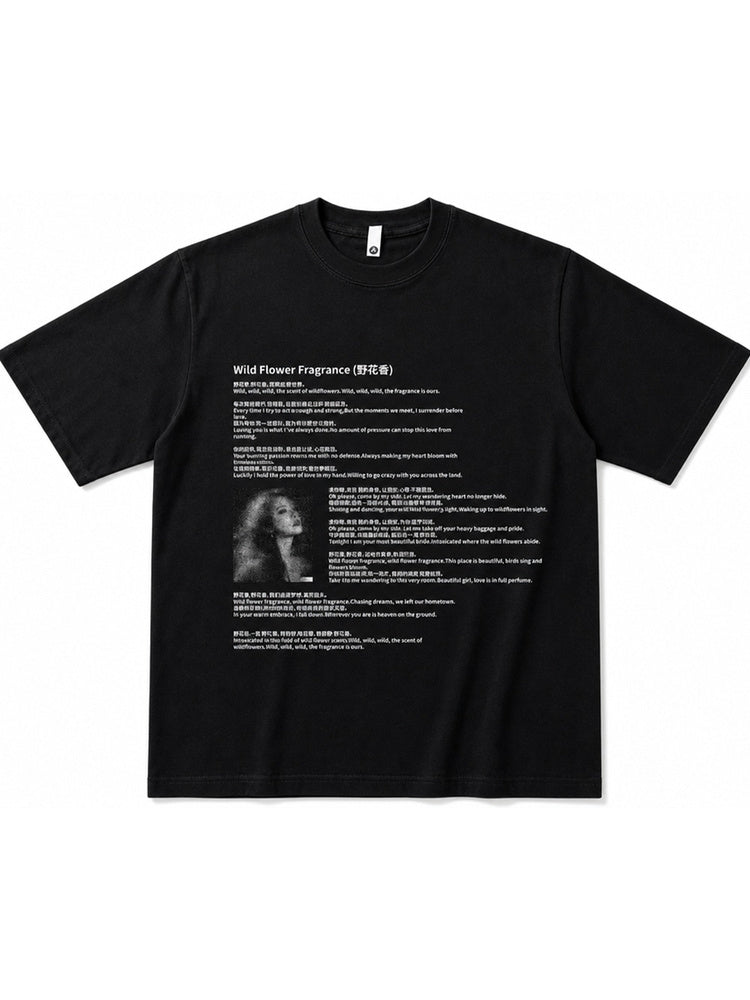 JIAFEI Wild Flower Fragrance Text & Portrait Graphic Oversized T-Shirt