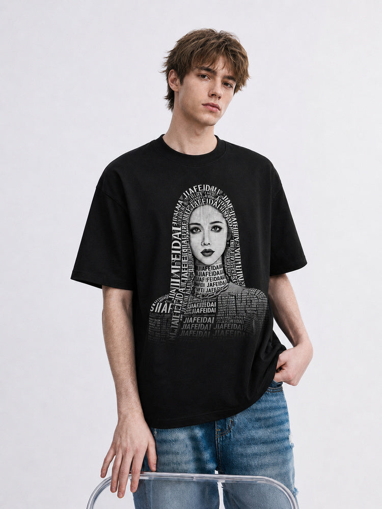 JIAFEI Text-Formed Portrait Graphic Oversized T-Shirt
