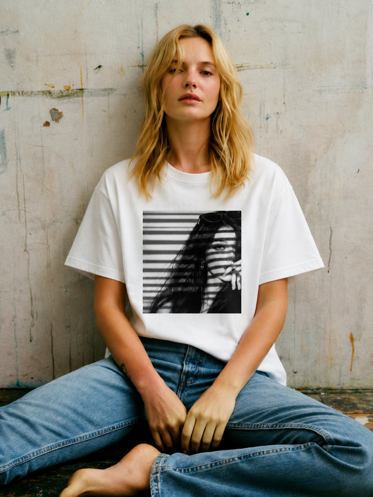 JIAFEI Black And White Shadow Portrait Graphic Oversized T-Shirt