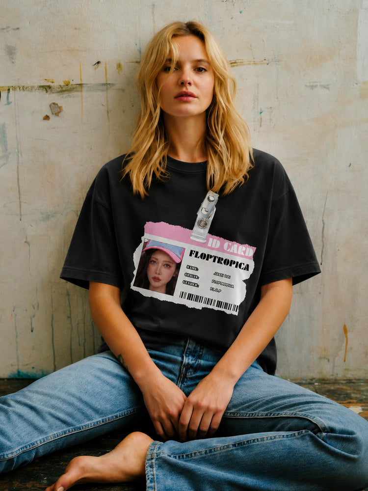 JIAFEI Floptropica Id Card Graphic Oversized T-Shirt