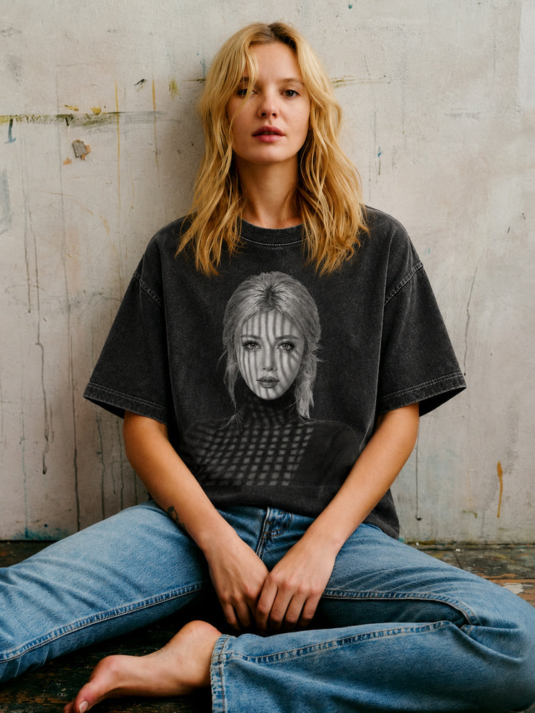 JIAFEI Shadowed Woman Portrait Graphic Oversized T-Shirt
