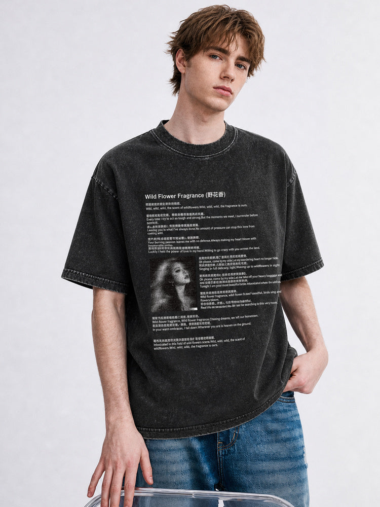 JIAFEI Wild Flower Fragrance Text & Portrait Graphic Oversized T-Shirt