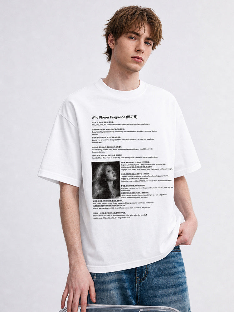JIAFEI Wild Flower Fragrance Text & Portrait Graphic Oversized T-Shirt