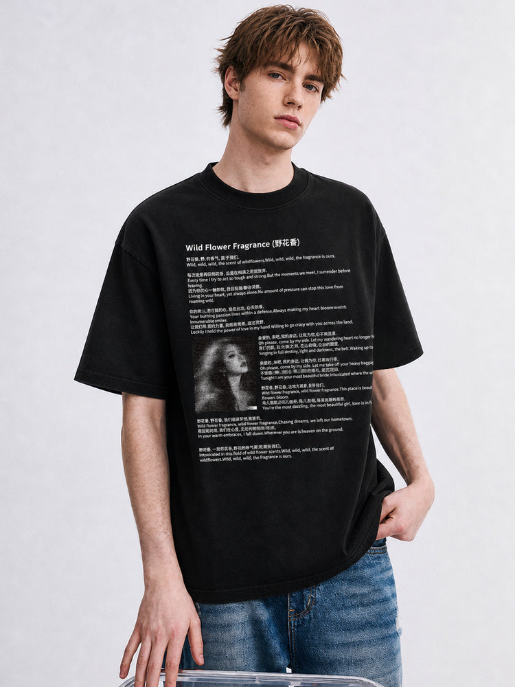JIAFEI Wild Flower Fragrance Text & Portrait Graphic Oversized T-Shirt