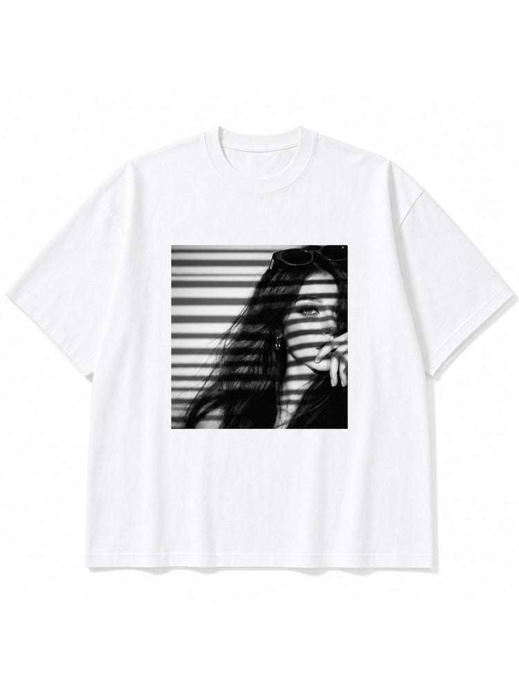 JIAFEI Black And White Shadow Portrait Graphic Oversized T-Shirt
