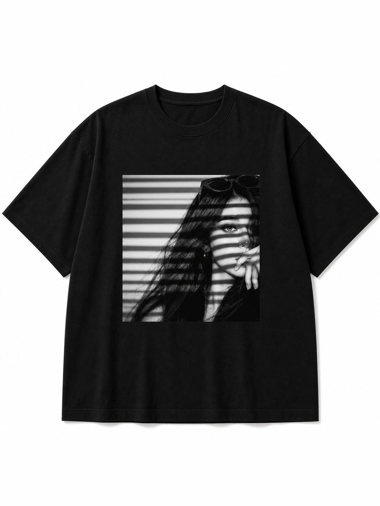 JIAFEI Black And White Shadow Portrait Graphic Oversized T-Shirt