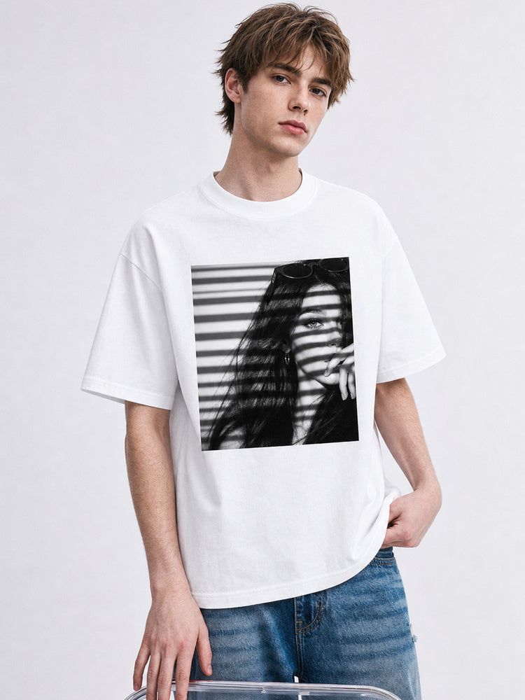 JIAFEI Black And White Shadow Portrait Graphic Oversized T-Shirt
