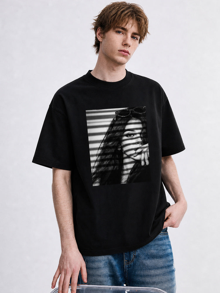 JIAFEI Black And White Shadow Portrait Graphic Oversized T-Shirt