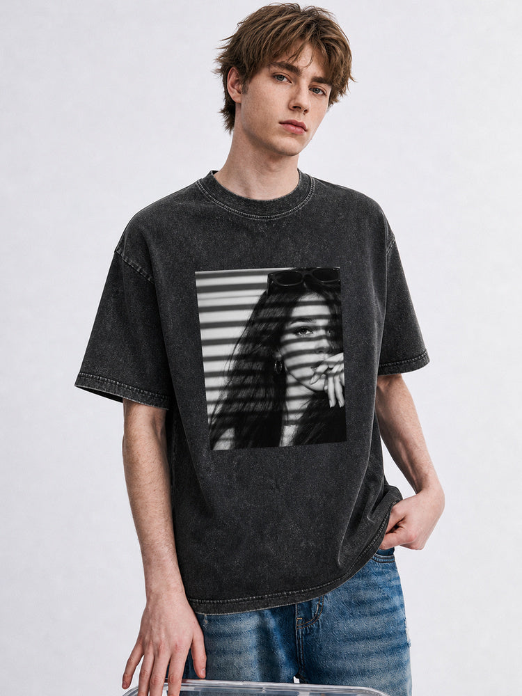 JIAFEI Black And White Shadow Portrait Graphic Oversized T-Shirt