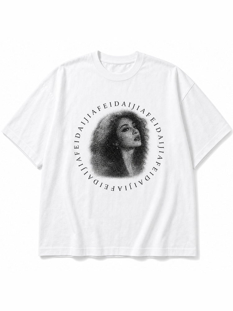 JIAFEI Dotted Portrait & Circular Text Graphic Oversized T-Shirt