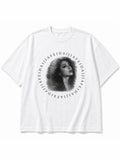 JIAFEI Dotted Portrait & Circular Text Graphic Oversized T-Shirt