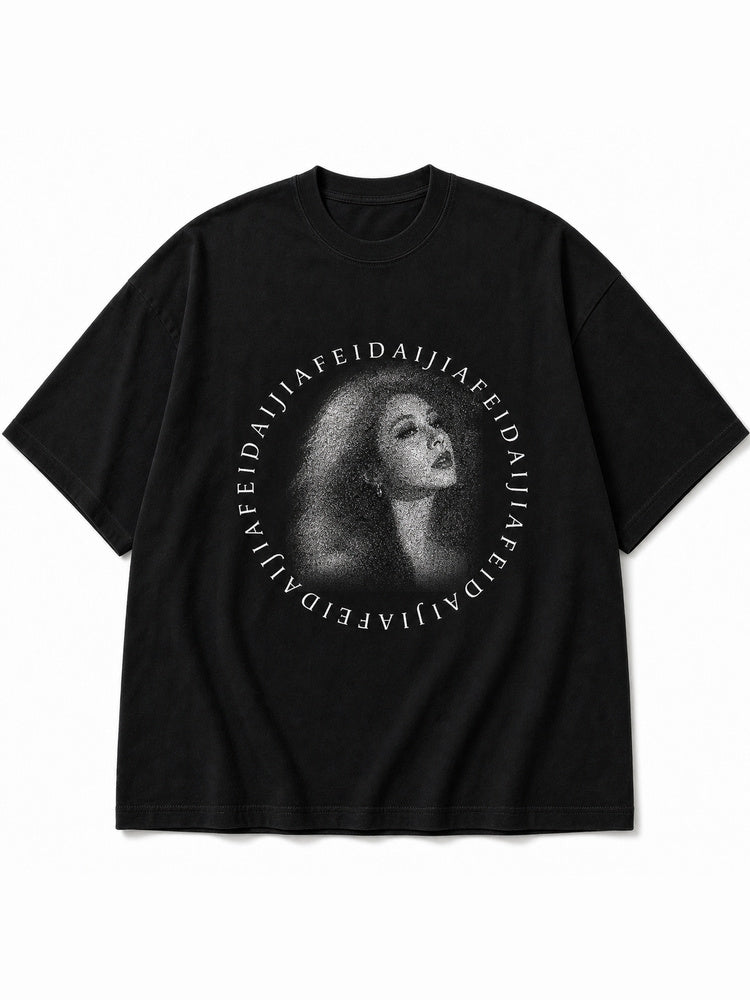 JIAFEI Dotted Portrait & Circular Text Graphic Oversized T-Shirt
