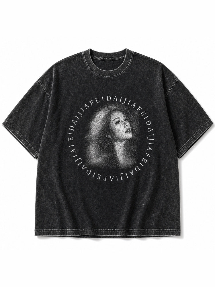 JIAFEI Dotted Portrait & Circular Text Graphic Oversized T-Shirt