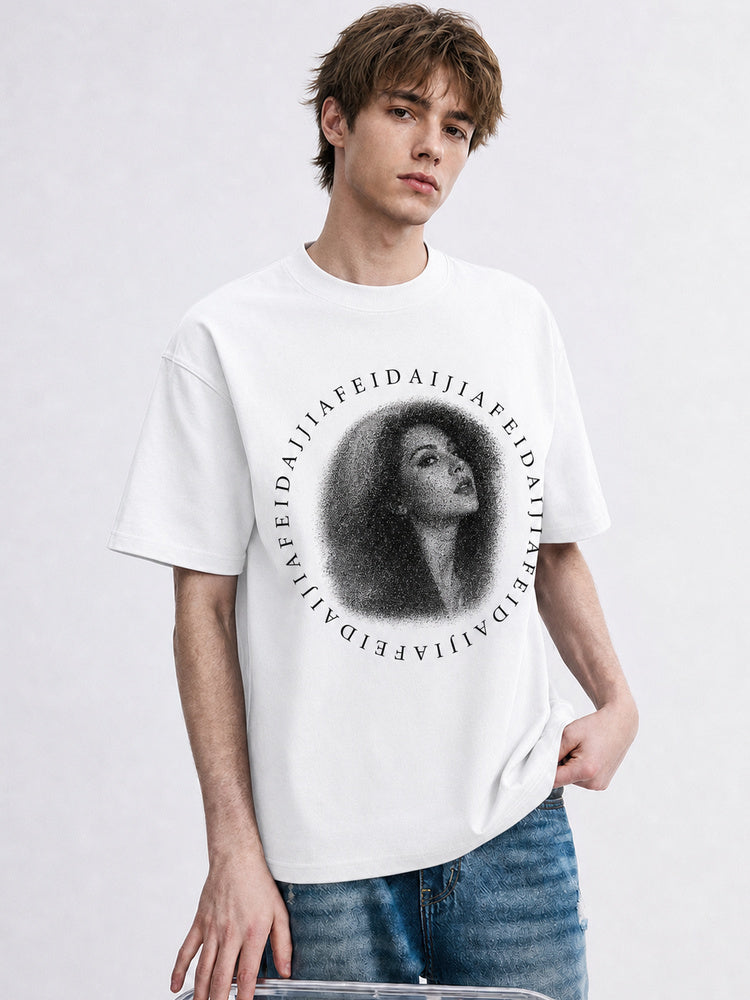 JIAFEI Dotted Portrait & Circular Text Graphic Oversized T-Shirt