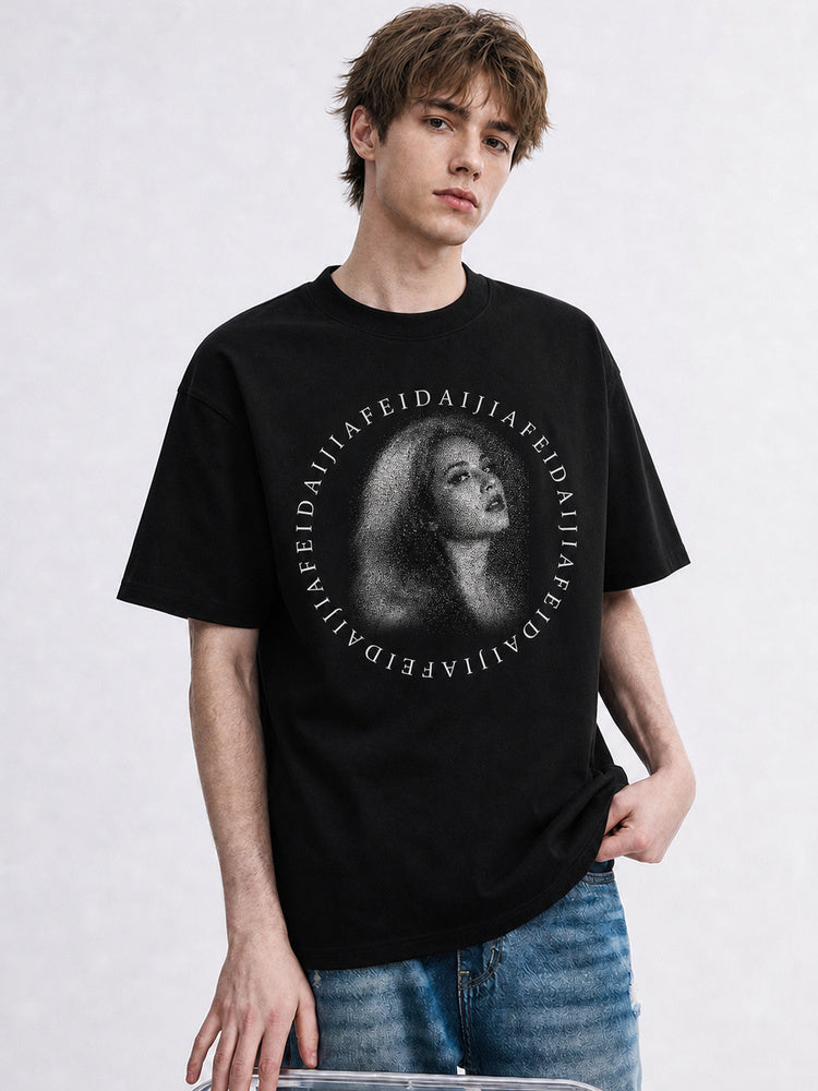 JIAFEI Dotted Portrait & Circular Text Graphic Oversized T-Shirt